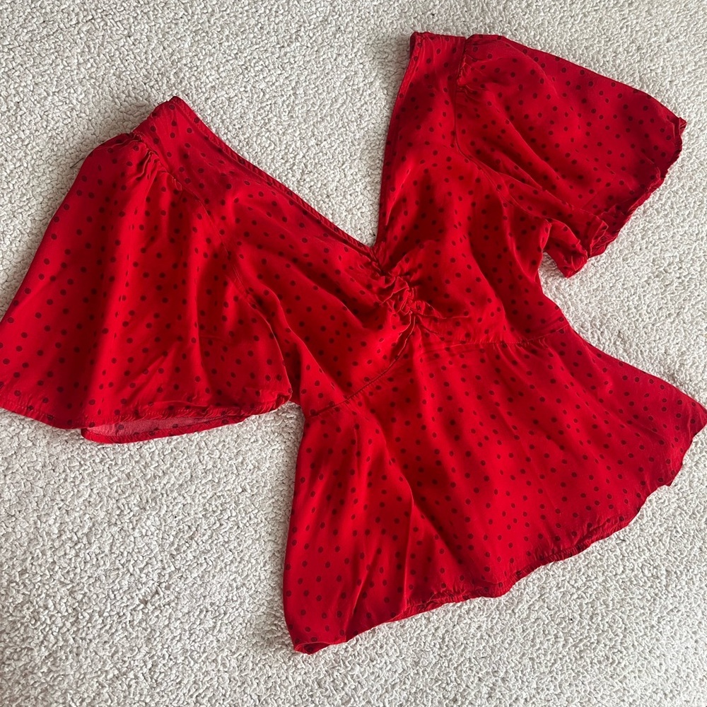a new day romantic cottage vibrant Red and Black Polka Dot Blouse XS - Picture 6 of 12